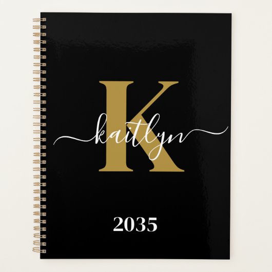 Elegant Black Gold Script Monogram Planner (Voorkant)
