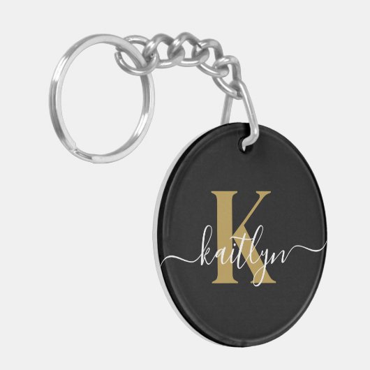Elegant Black Gold Script Monogram Sleutelhanger (Voorkant Links)