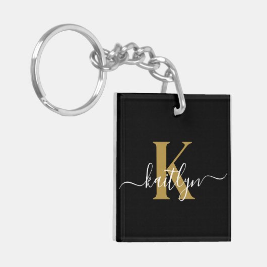 Elegant Black Gold Script Monogram Sleutelhanger (Voorkant Links)