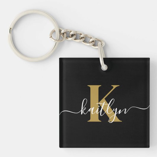 Elegant Black Gold Script Monogram Sleutelhanger (Voorkant)