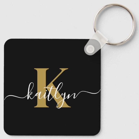 Elegant Black Gold Script Monogram Sleutelhanger (Achterkant)