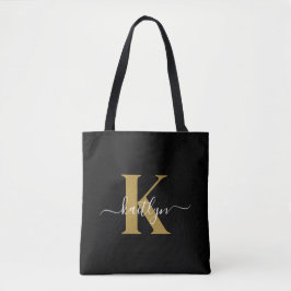 Elegant Black Gold Script Monogram Tote Bag