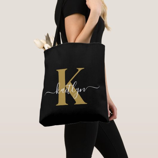 Elegant Black Gold Script Monogram Tote Bag (Dichtbij)