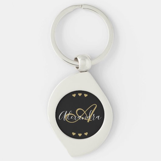 Elegant Black Gold Script Name Monogram Sleutelhanger (Voorkant)