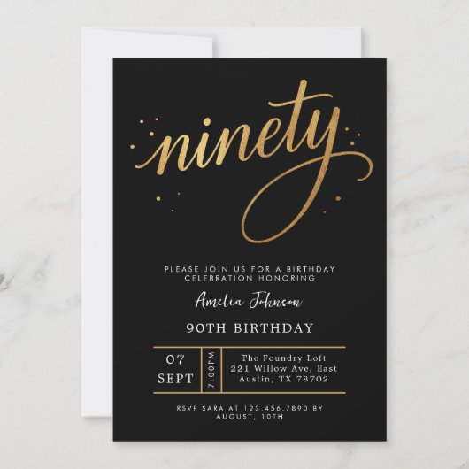 Elegant Black & Gold Script Ninety 90th Birthday Kaart (Voorkant)