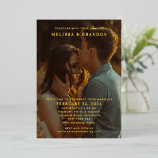 Elegant Black & Gold Script Overlay Photo Wedding Folie Uitnodiging
