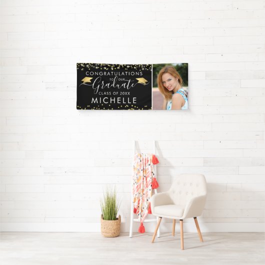 Elegant Black Gold Script Photo Afstuderen Spandoek (Insitu)