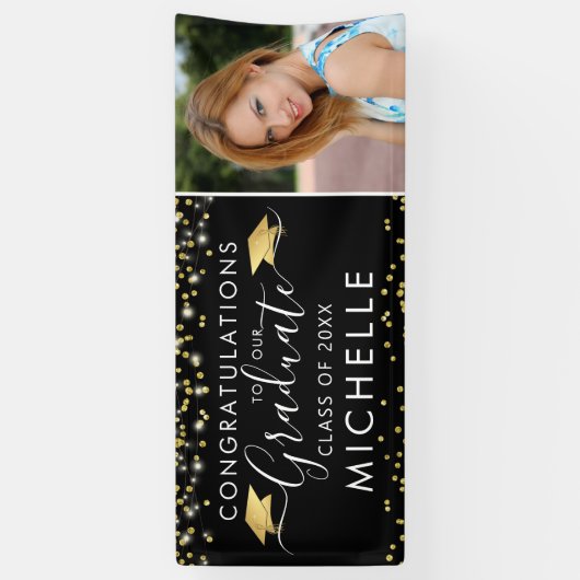 Elegant Black Gold Script Photo Afstuderen Spandoek (Verticaal)