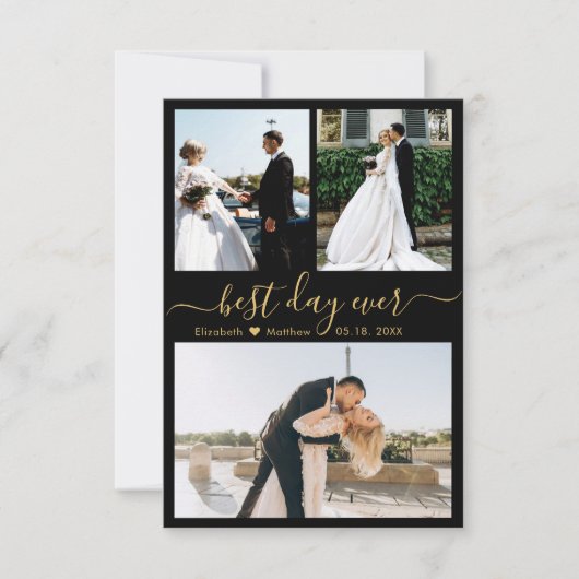 Elegant Black Gold Script Photo Collage Wedding Bedankkaart (Voorkant)