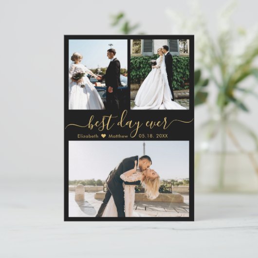 Elegant Black Gold Script Photo Collage Wedding Bedankkaart (Staand voorkant)