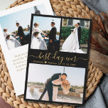 Elegant Black Gold Script Photo Collage Wedding Bedankkaart<br><div class="desc">Minimalistisch, elegant handschrift met zwarte en gouden foto's Collage Wedding Hartelijk dank. Stijlvolle, eenvoudige bruiloft bedankt je sjabloon met drie (3) foto op de voorkant en één (1) foto op de achterkant. Met de tekst "beste dag ooit"in een krullend cirkelvormig handgeschreven typografische manuscriptdoopvont in goud op zwarte kleurenachtergrond. Personaliseer jouw...</div>