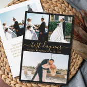 Elegant Black Gold Script Photo Collage Wedding Bedankkaart
