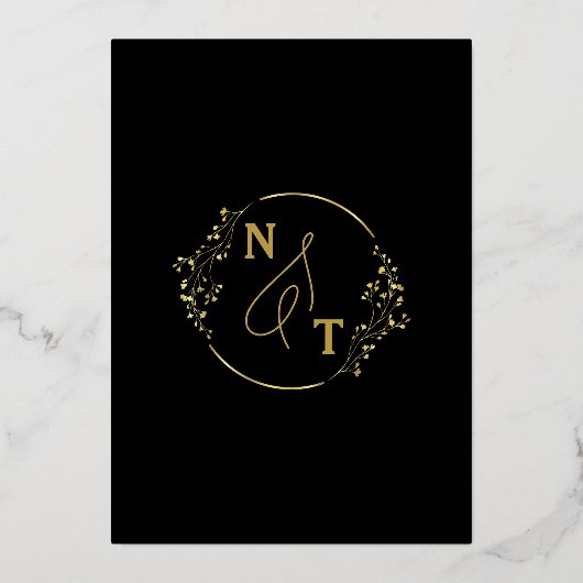 Elegant Black Gold Script Photo WeduwMonogram Folie Uitnodiging (Achterkant)