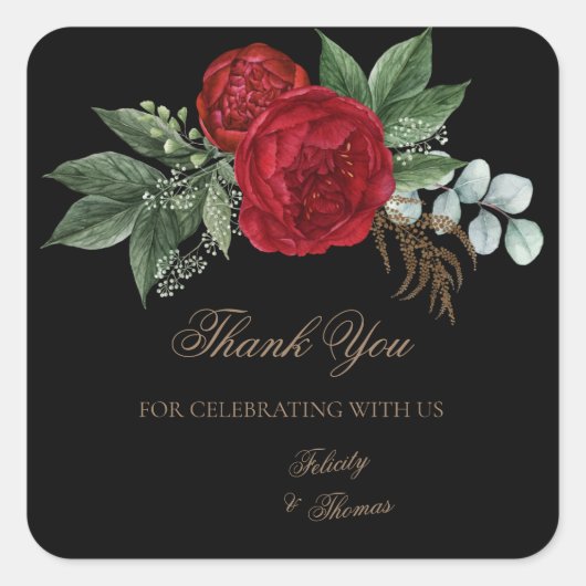 Elegant Black & Gold Script Red Floral Hartelijk d Vierkante Sticker (Voorkant)