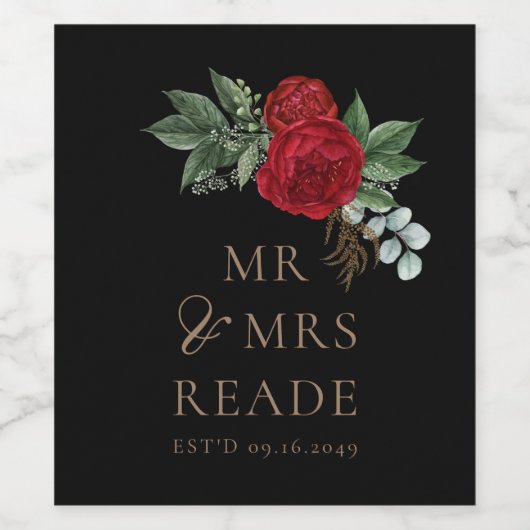 Elegant Black & Gold Script Red Floral Wijn Etiket (Enkel label)