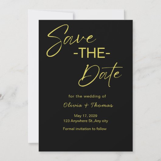 Elegant Black & Gold Script Save the Date Card (Achterkant)