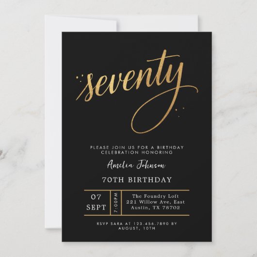 Elegant Black & Gold Script Seventy 70th Birthday Kaart (Voorkant)