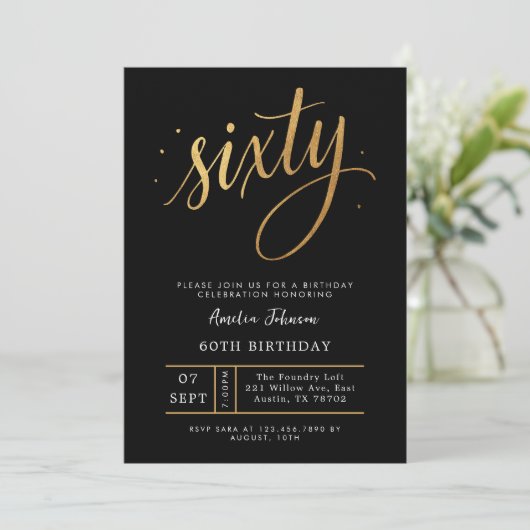 Elegant Black & Gold Script Sixty 60th Birthday Kaart (Staand voorkant)
