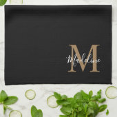 Elegant Black Gold Script Typography Monogram Theedoek (Gevouwen)