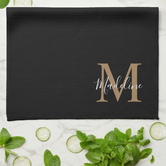 Elegant Black Gold Script Typography Monogram Theedoek (Gevouwen)