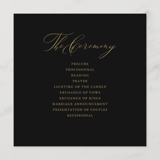 Elegant Black Gold Script Typography Weddenschap Programmakaart (Achterkant)