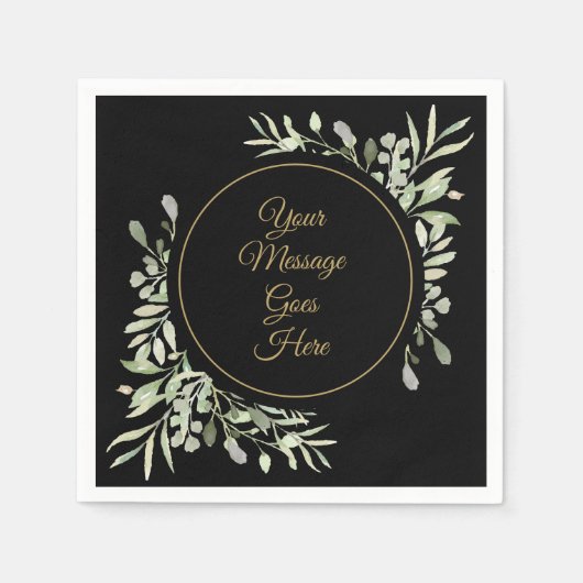 Elegant Black Gold Script Waterverf Greenery Servet (Voorkant)