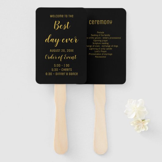Elegant Black & Gold Script Weddenprogramma Handwaaier (Voorkant en achterkant)