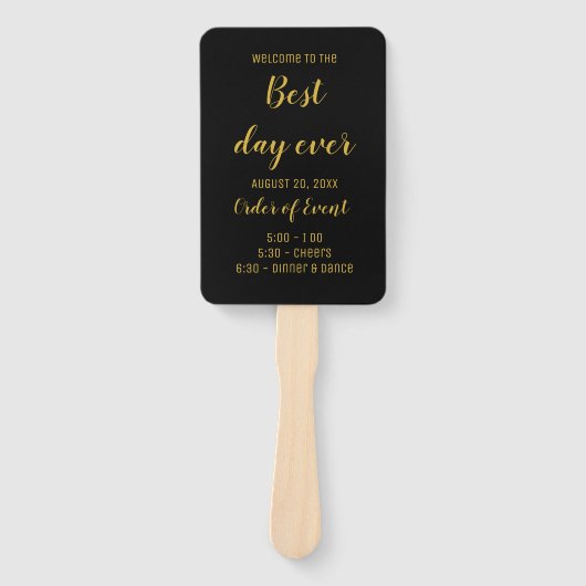 Elegant Black & Gold Script Weddenprogramma Handwaaier (Voorkant)
