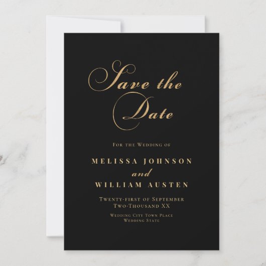 Elegant Black Gold Script Weddenschap Save The Date (Voorkant)