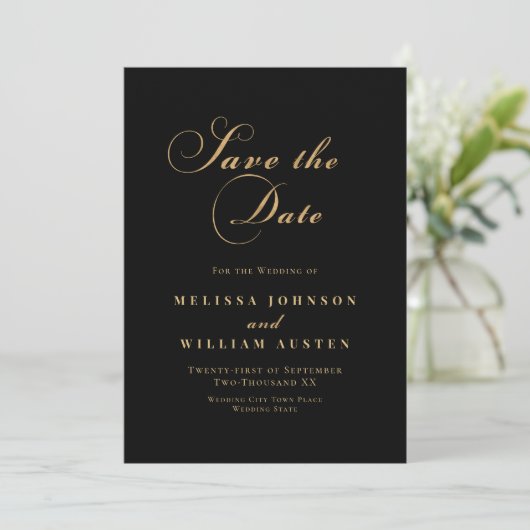 Elegant Black Gold Script Weddenschap Save The Date (Staand voorkant)