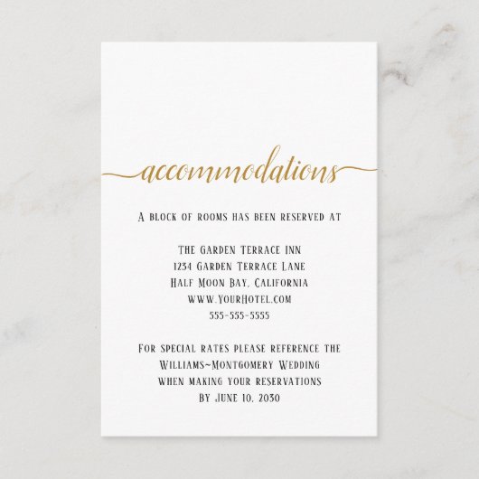 Elegant Black Gold Script Wedding Accommodations Informatiekaartje (Voorkant)