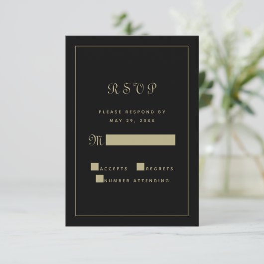 Elegant Black Gold Script Weduwen Chic-behuizing RSVP Kaartje (Staand voorkant)