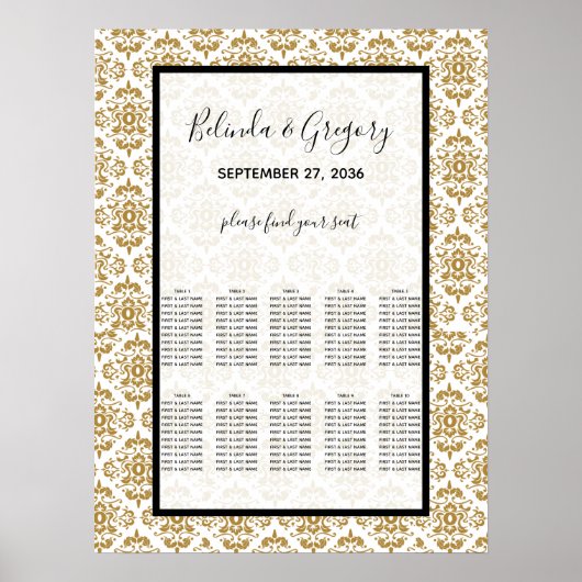 Elegant Black Gold  Seating Chart Poster (Voorkant)