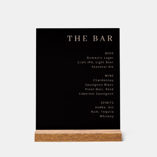 Elegant Black Gold Serif Bar Menu Acryl Bord (Voorkant)
