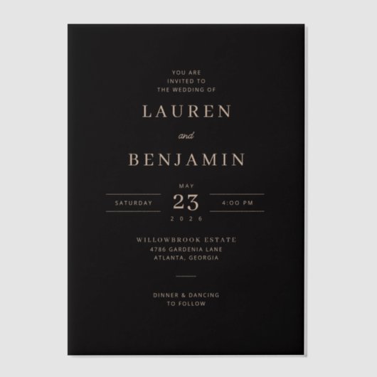 Elegant Black Gold Serif Wedding Invitations Vellum Uitnodigingen (Voorkant)