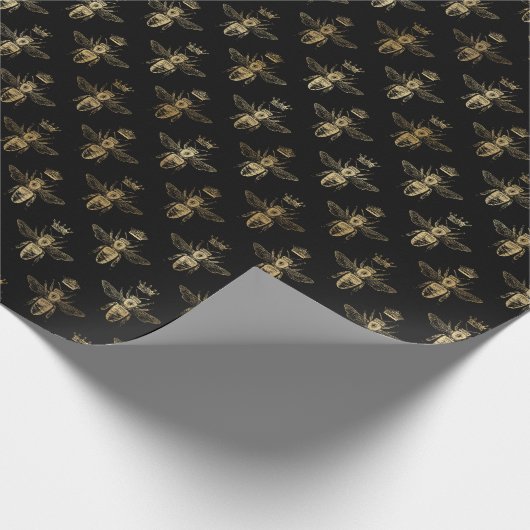 Elegant Black Gold Shimmer Bumble Bee Birthday Cadeaupapier (Hoek)