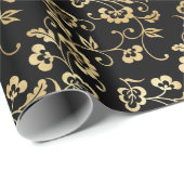 Elegant Black Gold Shimmer Floral Flowers Birthday Cadeaupapier (Rol Hoek)
