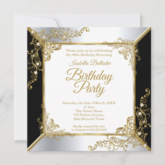 Elegant Black Gold Silver Pearl Birthday Kaart (Voorkant)
