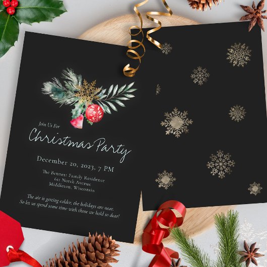 Elegant Black Gold Snowflake Christmas Party Kaart