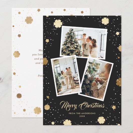 Elegant Black Gold Snowflakes 3 Fotokerstmis Feestdagenkaart (Voorkant / Achterkant)