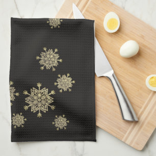 Elegant Black & Gold Snowflakes kerst Theedoek