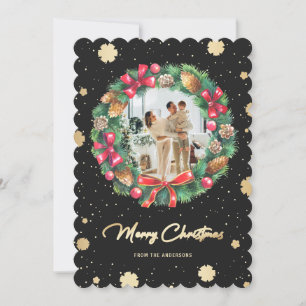 Elegant Black Gold Snowflakes met foto's Feestdagenkaart