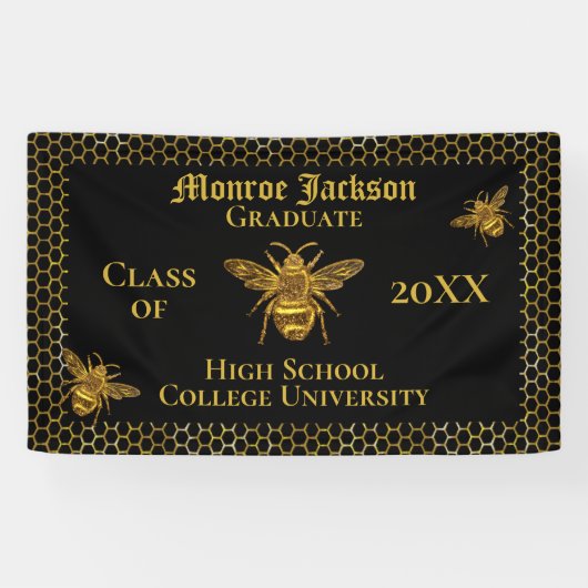 Elegant Black Gold Sparking Bee Afstuderen Spandoek (Horizontaal)