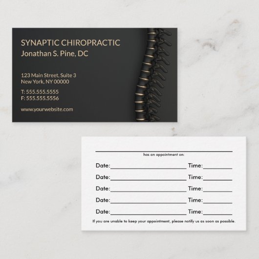 Elegant Black & Gold Spine Chiro Appointard Visitekaartje (Voorkant / Achterkant)