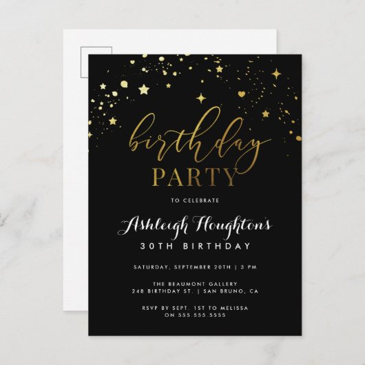 Elegant Black & Gold Star Confetti Birthday Uitnodiging Briefkaart (Voorkant / Achterkant)