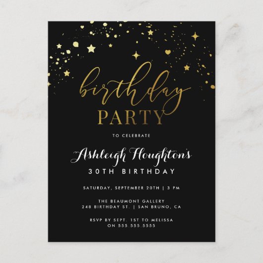 Elegant Black & Gold Star Confetti Birthday Uitnodiging Briefkaart (Voorkant)