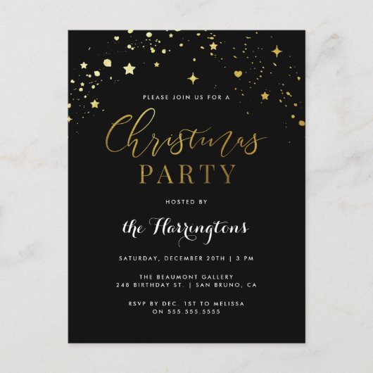 Elegant Black & Gold Star Confetti kerstfeest Uitnodiging Briefkaart (Voorkant)