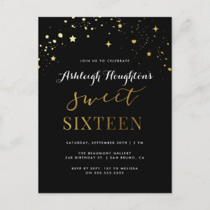 Elegant Black & Gold Star Confetti Sweet 16 Uitnodiging Briefkaart