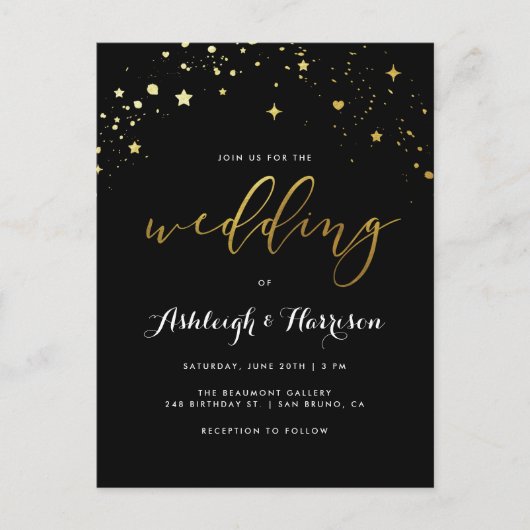 Elegant Black & Gold Star Confetti Wedding Uitnodiging Briefkaart (Voorkant)