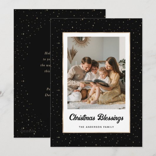 Elegant Black Gold Starry Photo Feestdagenkaart (Voorkant / Achterkant)